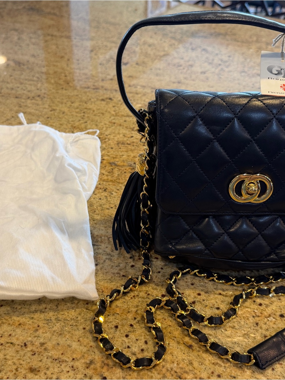 Quilted Black Leather Chain Shoulder Bag with Gold Hardware